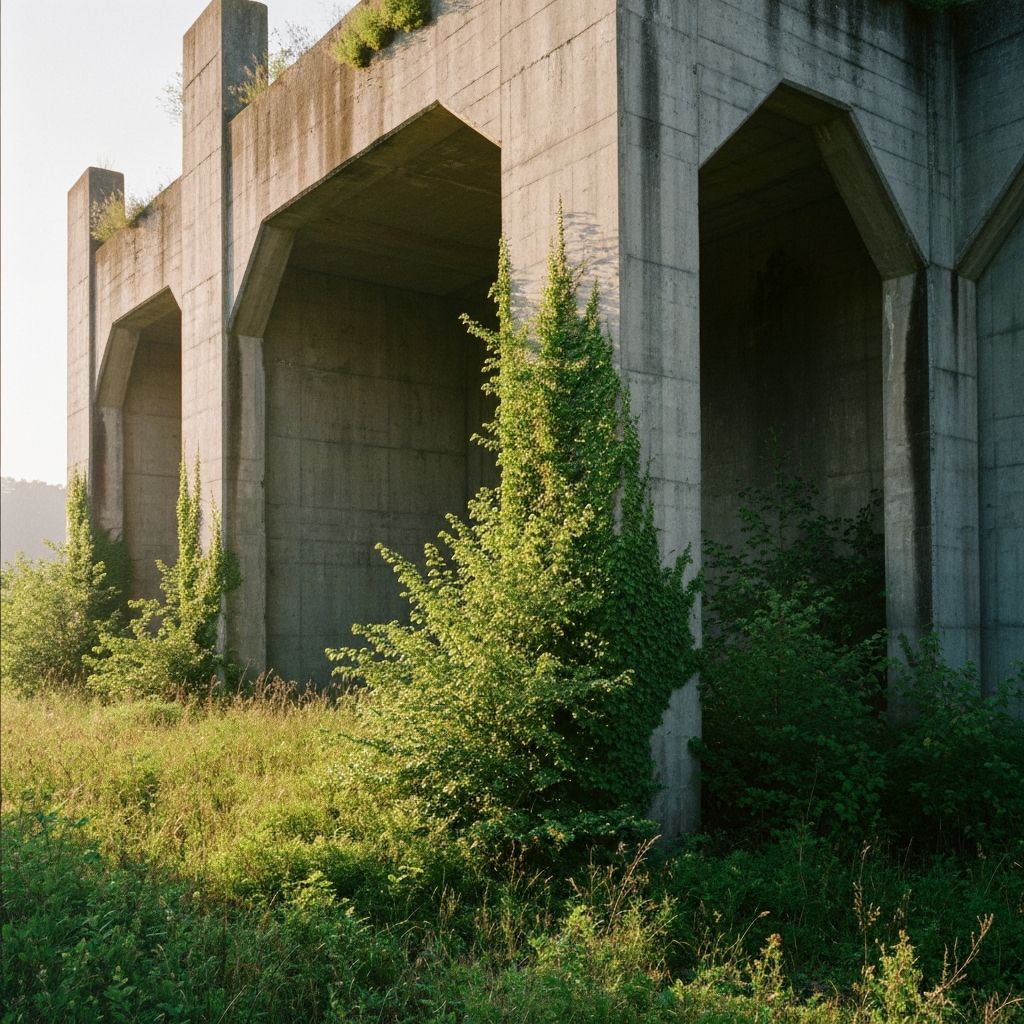 Industrial concrete structure with green moss showing strength and natural growth